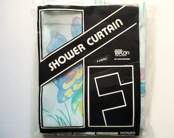 Vintage Shower Curtain NOS Fabric Shower Curtain Butterfly Print Floral & Light Blue Retro Butterflies Shower Curtain