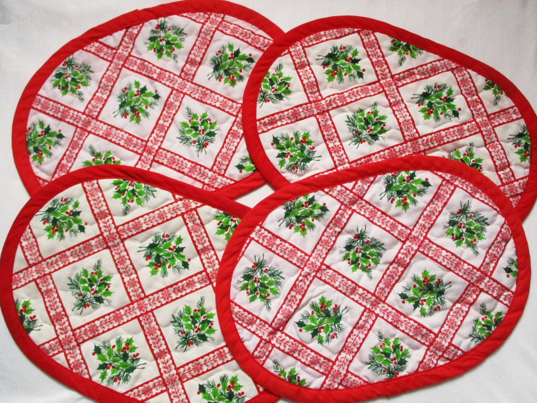 Vintage Christmas Placemats Oval Quilted Placemats Cotton Red Etsy