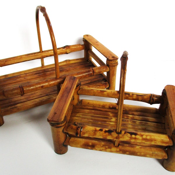 Vintage Caddy Set Burnt Bamboo Caddy Lot Wood Wooden Basket Caddies Holder Set of 2