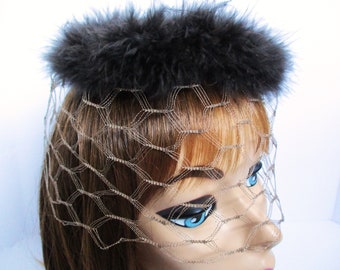 Vintage Veil Head Topper Face Veil Brown Marabou Feather Mini Hat w/ Beehive Veil Vintage Fascinator