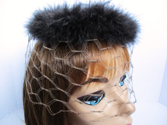 Vintage Veil Head Topper Face Veil Brown Marabou … - image 1