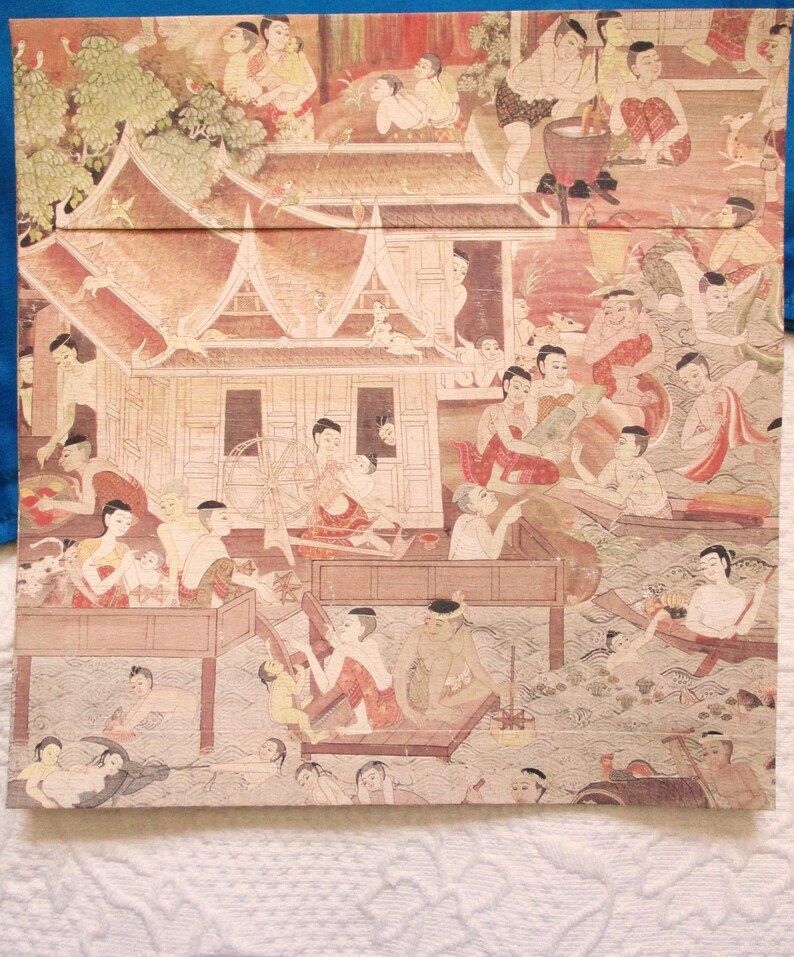 May include: A rectangular box with a detailed, multi-figure illustration depicting a traditional scene. The artwork features figures in various activities, with buildings and water elements. The color palette is dominated by warm earth tones, with accents of red and blue.