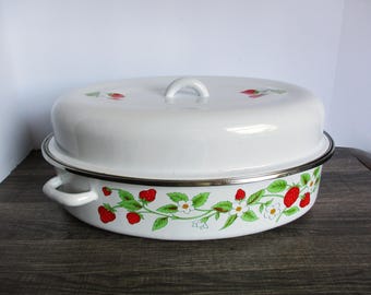 Bandeja para asar de esmalte con diseño de fresas vintage, 15x10".