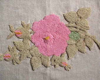 Vintage 21" Punch Needle Embroidery Pillow Cover Rectangle Wool on Linen Pillow Pink Floral Pillow Shell