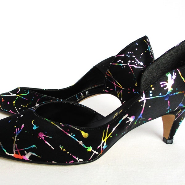 1980's Shoes NOS Satin Black & Multi Color Heels Vintage Pumps Metallic Splash Shoes Mr. Andre 7 1/2 7.5 AA Extra Narrow