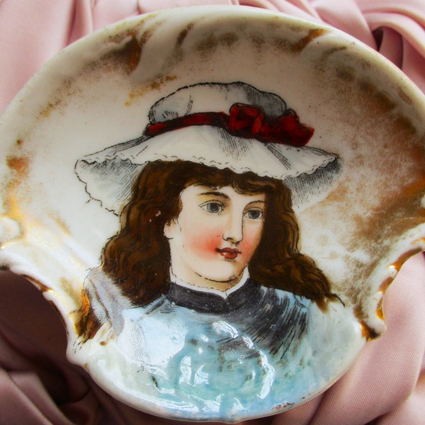 Edwardian Butter Pat Dish Ceramic Young Woman Portrait Vintage Butter Pat Plate