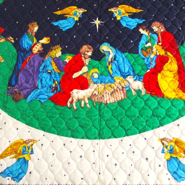 Hand Quilted Tree Skirt Panel Vintage Christmas Fabric Nativity Tree Skirt Fabric Traditions Half Panel