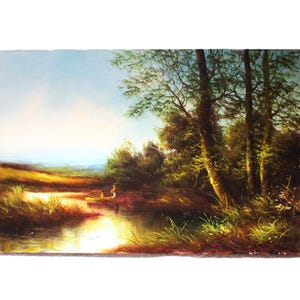 Vintage Oil Painting River Painting Landscape Oil on Canvas Board Fishing Oil Painting Expressionist Tonalist Painting Signed