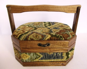 Velvet & Wooden Sewing Box Vintage Sewing Basket Octagon Box Wood w/ Ikat Fabric