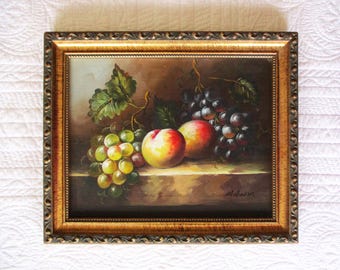 Cuadro al óleo vintage de M. Aaron, naturaleza muerta con frutas, enmarcado.