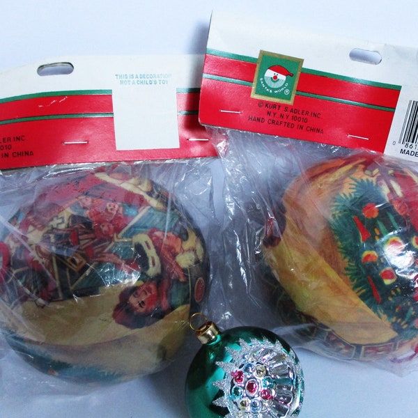 Kurt Adler Ornaments 4.5" Vintage Decoupage Ornaments Victorian Santa Claus Large Christmas Ornaments Paper Mache Ball Ornament Set Lot