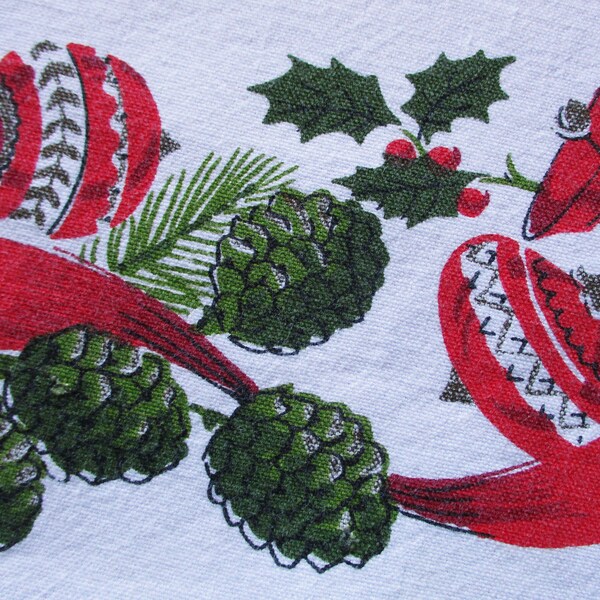 Vintage Christmas Tablecloth Bells Wreath Poinsettia Christmas Tree Floral Tablecloth 1950's Printed Cotton 50x45 Rectangle Tablecloth