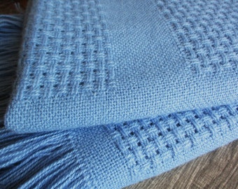 Faribault Wool Blanket Vintage Fringed Blue Blanket Faribo Lattice Weave Vintage Faribault Woolen Mills