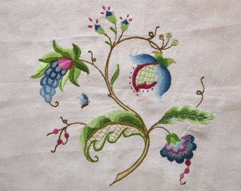 Vintage Crewel Embroidery Jacobean Floral Finished Crewel Completed on Ivory Linen