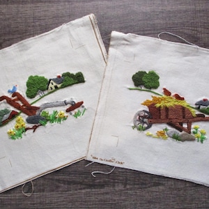 Vintage Crewel Embroidery Set Finished Crewel Landscape Crewel Completed Country Scene Farmhouse Trees Birds & Floral Crewel Embroidery