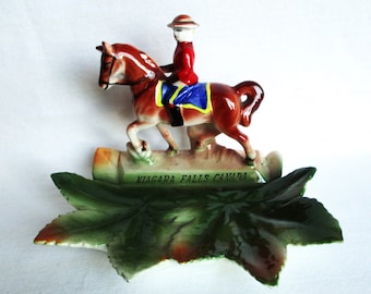 Canadian Mountie Figurine Dish Vintage Niagara Falls Souvenir Ceramic Canadian Mounted Police Maple Leaf Dish