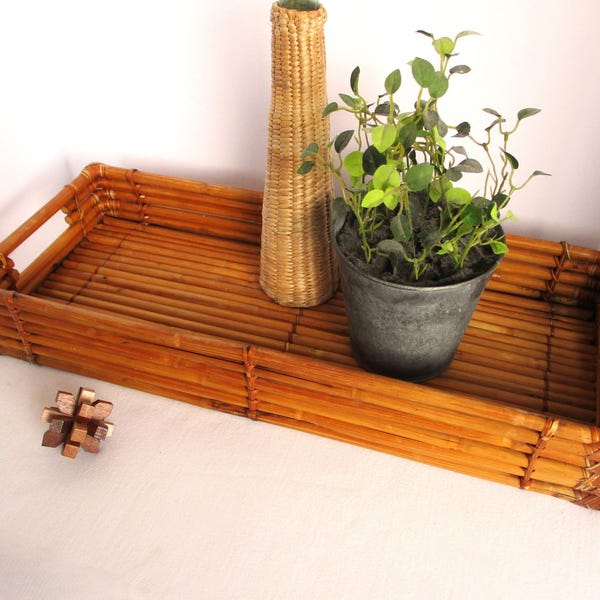 Bamboo Tray Long Basket Handled Rectangle Vintage Rattan