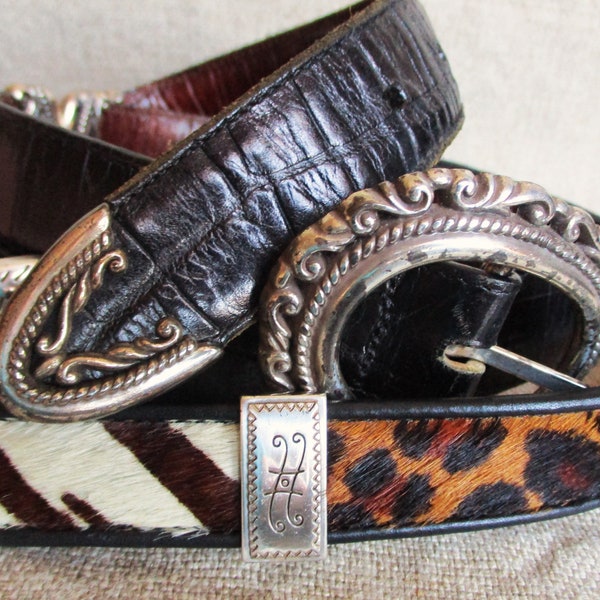 Leather Belts 2 Vintage Brighton Women's Belts 1990's Black & Brown Leather w/ Horse Hair Leopard Tiger Silver Buckles S M Vintage Belt Lot