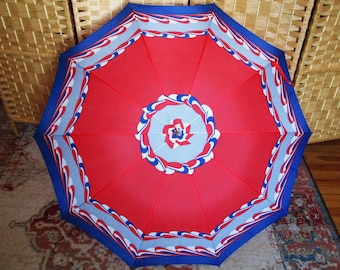 Vintage Umbrella with Carved Wood Handle made in Italy Red & Blue Geometric Print Umbrella MCM Nylon Mid Century Modern Umbrella