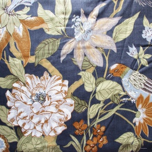 Vintage Waverly Cotton Fabric Remnant: Kweilin Gray Floral Bird Design