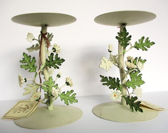 Flower Candle Holders Vintage Enamel Metal Flowers NOS by Country Curtains Green & White Pillar Floral Candle Holder Set