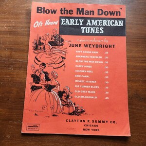 May include: Sheet music cover titled "Blow the Man Down" featuring the text "Early American Tunes." The cover is orange with black text and illustrations of people dancing. Published by Clayton F. Summy Co. of Chicago and New York.