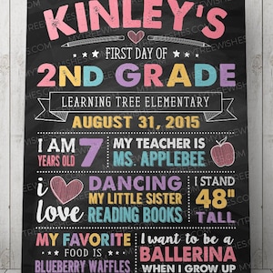 May include: A chalkboard sign with the text "Kinley's First Day of 2nd Grade" and details about the student's age, teacher, favorite things, and future aspirations. The sign is decorated with colorful hearts, stars, and a red apple.
