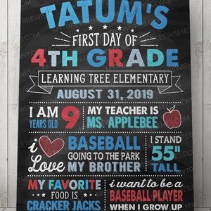 Puede incluir: Un cartel negro de pizarra con texto colorido que anuncia el primer d&iacute;a de Tatum en 4&ordm; grado en Learning Tree Elementary. El cartel incluye detalles como la edad de Tatum, el nombre de su maestra, sus cosas favoritas y sus aspiraciones.