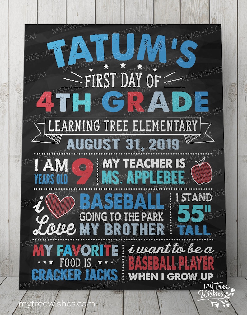Puede incluir: Un cartel negro de pizarra con texto colorido que anuncia el primer d&iacute;a de Tatum en 4&ordm; grado en Learning Tree Elementary. El cartel incluye detalles como la edad de Tatum, el nombre de su maestra, sus cosas favoritas y sus aspiraciones.