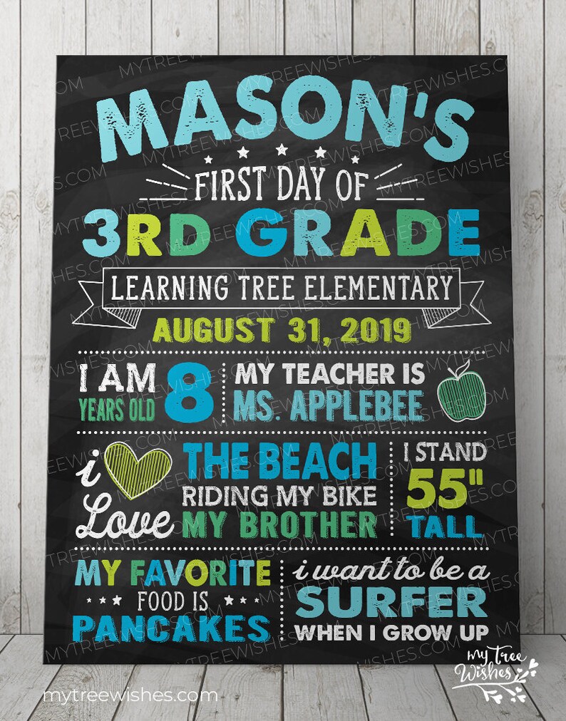 Puede incluir: Un letrero de pizarra negra con el texto "Mason's First Day of 3rd Grade" en azul, verde y amarillo. El letrero tambi&eacute;n incluye el texto "Learning Tree Elementary", "August 31, 2019", "Tengo 8 a&ntilde;os", "Mi maestra es la Sra. Applebee", "Me encanta la playa", "Andar en bicicleta", "Mi hermano", "Mi comida favorita son los panqueques", "Quiero ser un surfista cuando crezca", y "Mido 55" de alto".
