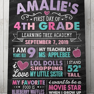 Puede incluir: Un letrero negro de pizarra con texto rosa, morado y turquesa que anuncia el primer d&iacute;a de Amalie en 4&ordm; grado en Learning Tree Academy el 7 de septiembre de 2019. El letrero incluye detalles sobre la edad de Amalie, su maestra, sus cosas favoritas y sus aspiraciones.