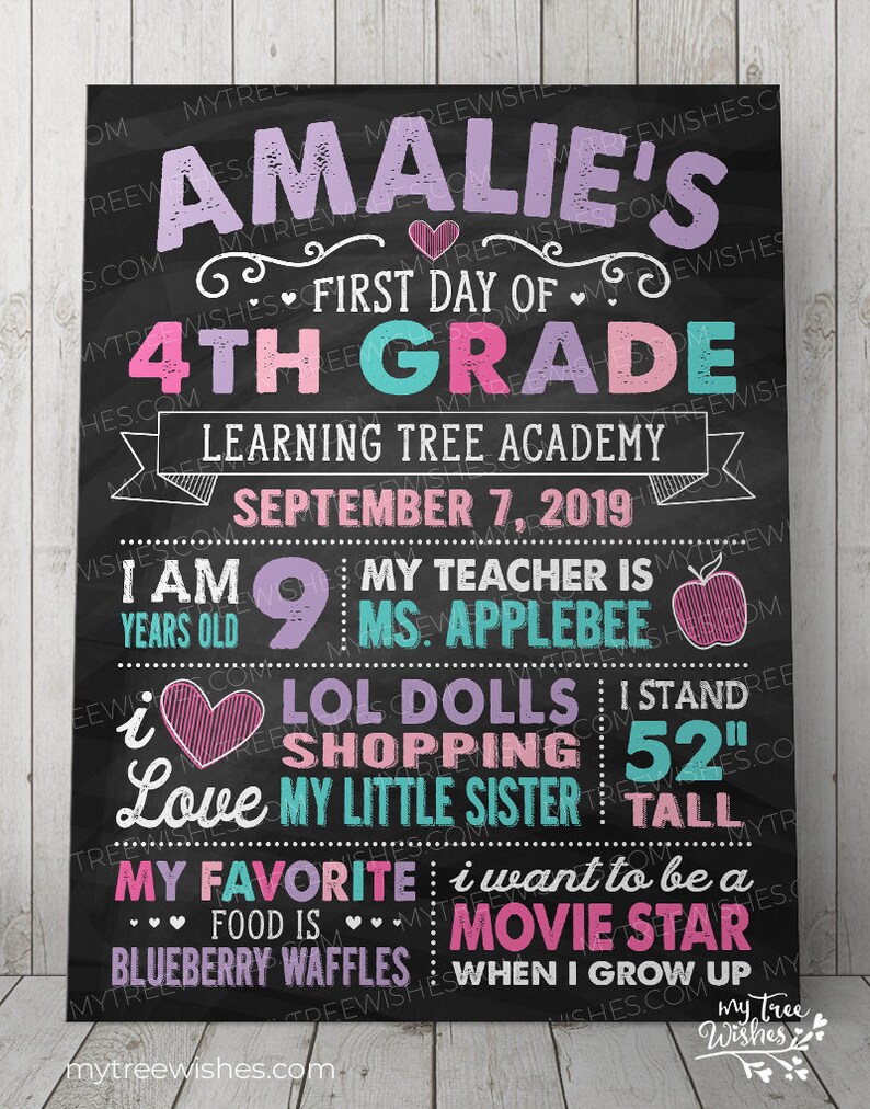 Puede incluir: Un letrero negro de pizarra con texto rosa, morado y turquesa que anuncia el primer d&iacute;a de Amalie en 4&ordm; grado en Learning Tree Academy el 7 de septiembre de 2019. El letrero incluye detalles sobre la edad de Amalie, su maestra, sus cosas favoritas y sus aspiraciones.