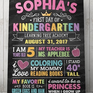 May include: A black chalkboard sign with a pink, yellow, green, and blue inscription that reads "Sophia's First Day of Kindergarten". The sign also includes the text "Learning Tree Academy", "August 31, 2017", "I am 5 years old", "My teacher is Ms. Applebee", "I love coloring", "My mommy reading books", "I stand 40" tall", "My favorite book is Green Eggs and Ham", and "I want to be a princess when I grow up".