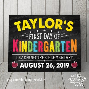 May include: A chalkboard-style sign with the text "Taylor's First Day of Kindergarten" in yellow, red, orange, green, and blue. It includes the school name, date, and apple illustrations. The sign is on a wooden surface.