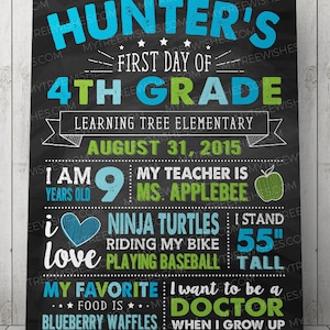 Puede incluir: Un cartel negro de pizarra con texto blanco anunciando el primer d&iacute;a de Hunter en 4&ordm; grado en Learning Tree Elementary. El cartel incluye detalles como su edad, actividades favoritas y aspiraciones profesionales futuras. Est&aacute; decorado con estrellas, corazones y una manzana verde.