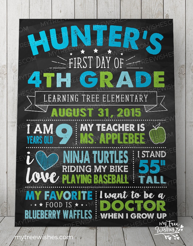 May include: A black chalkboard with white chalk writing. The text reads 'Hunter's First Day of 4th Grade', 'Learning Tree Elementary', 'August 31, 2015', 'I am 9 years old', 'My teacher is Ms. Applebee', 'I love Ninja Turtles, Riding my bike, Playing baseball', 'I stand 55' tall', 'My favorite food is blueberry waffles', 'I want to be a doctor when I grow up'. The chalkboard also has a red heart with a blue outline, a green apple, and a green and blue star.