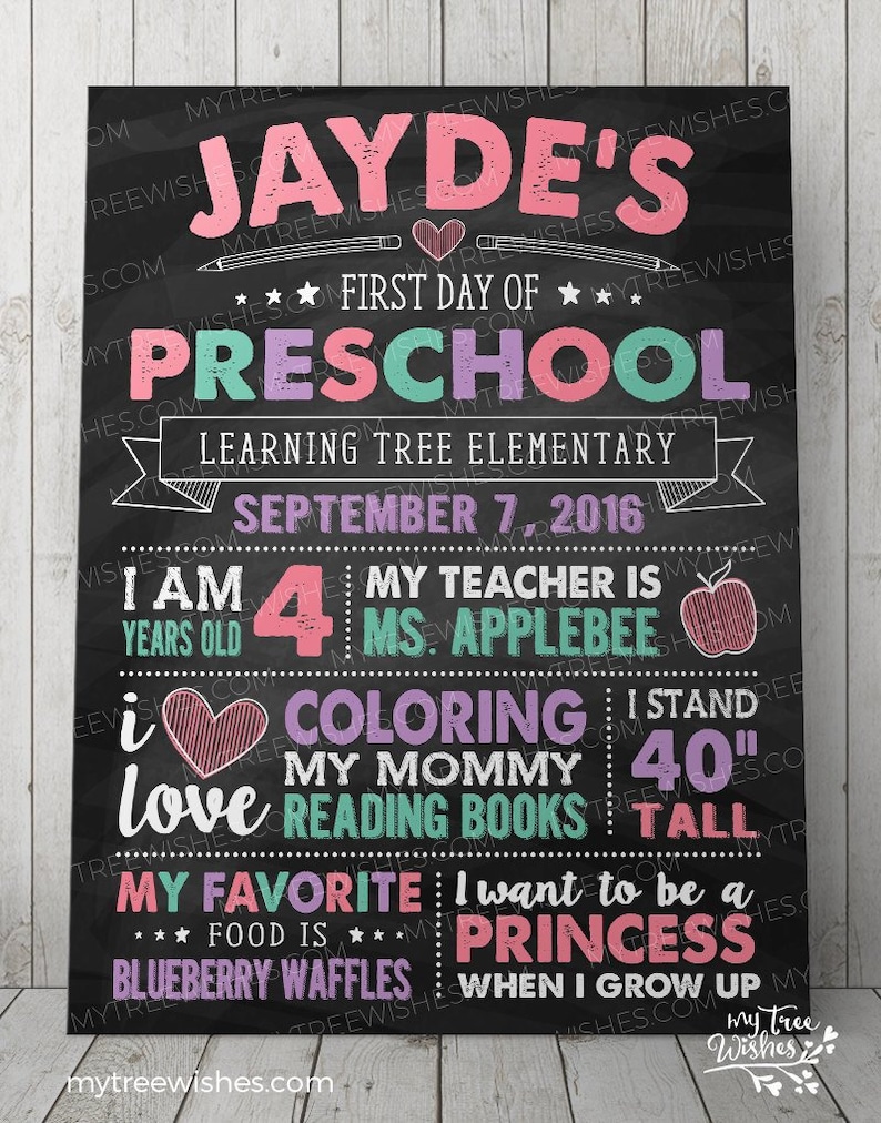 May include: A black chalkboard sign with colorful text announcing the first day of preschool for Jayde. It includes details like her age, teacher's name, favorite activities, and future aspirations. The sign is decorated with hearts, stars, and a red apple.