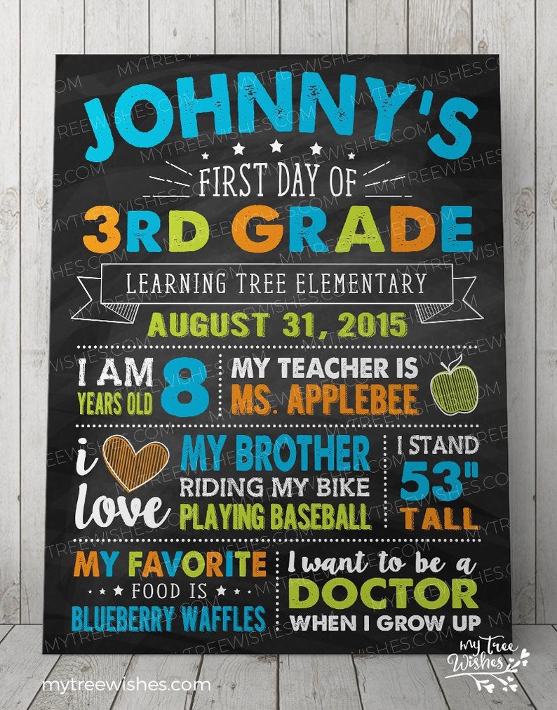 May include: A black chalkboard sign with colorful text announcing Johnny's first day of 3rd grade at Learning Tree Elementary. The sign includes details like his age, teacher's name, hobbies, and future aspirations.