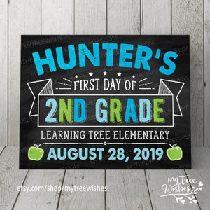 May include: A chalkboard-style sign with the text "Hunter's First Day of 2nd Grade." The sign includes the school name, date, and apple graphics. The background is black with white text and blue and green accents.