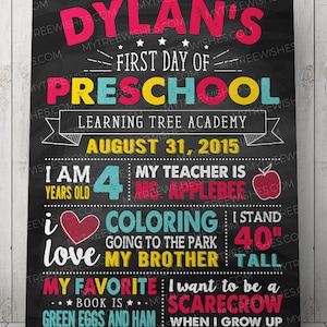 May include: A chalkboard style sign with the text "Dylan's First Day of Preschool" in pink, yellow, and blue. The sign also includes the text "Learning Tree Academy", "August 31, 2015", "I am 4 years old", "My teacher is Mrs. Applebee", "I love coloring", "Going to the park", "My brother", "My favorite book is Green Eggs and Ham", "I want to be a scarecrow when I grow up", and "My Tree Wishes".