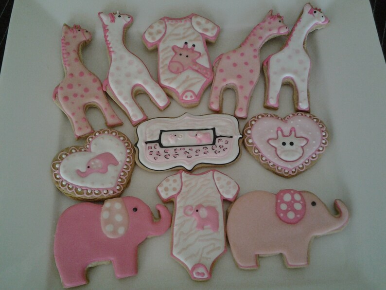 24 Pink Giraffe And Elephant Variety Baby Shower Cookies
