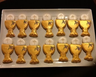 24 Gold Chalice and Host First Communion Cookies/favors/gift