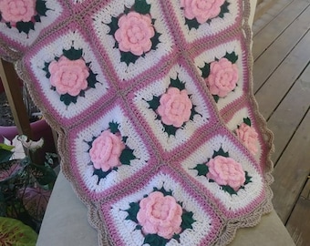 Crochet País Rosa Patrón afgano, patrón afgano rosa, manta de rosas, rosas