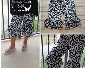 Women Cow Print Capri's, Ladies Cow Print Capris, Cow Pants, Ladies Cow Pants, Ruffle Capri's, RTS, S, M, L, XL, 2XL, 3XL, 4XL