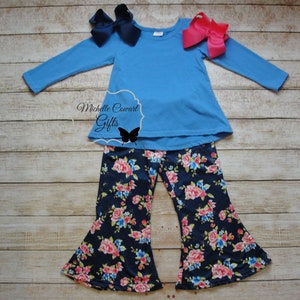 Girls Blue Floral Outfit, Girls Monogram Outfit, Girls Spring Outfit, Monogrammed Set, 9M 12M 18M 2T 3T 4T 5/6 6/7 7/8 8/9, RTS