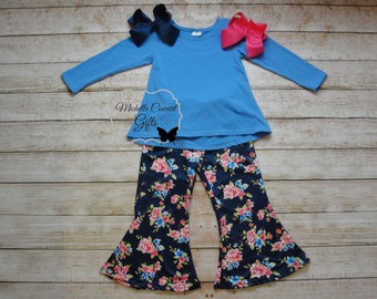 Girls Blue Floral Outfit, Girls Monogram Outfit, Girls Summer Outfit, Monogrammed Set, 9M 12M 18M 2T 3T 4T 5/6 6/7 7/8 8/9, RTS