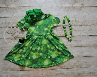 Girls St Patrick's Day Dress, Girls St Patty Dress, St Patrick's Day Outfit, Toddler, Girls Green Leaf Clover Dress, 12M 18M 2T 3T 4T 5/6