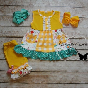 Conjunto mostaza para niñas, conjunto corto amarillo, conjunto corto para niñas, conjunto corto para bebés, conjunto de verano para niñas, 3T, 5, 6, 8, escuela, otoño, RTS