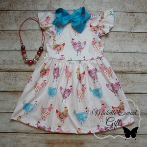 Girls Chicken Dress, Girls Summer Dress, Milk Sleeve Flutter Sleeve Dress, Twirl Dress, Girls Toddler 12M 18M 24M 2T 3T 4T 5/6, 6/7 7/8, RTS Dress W Bow&Necklace