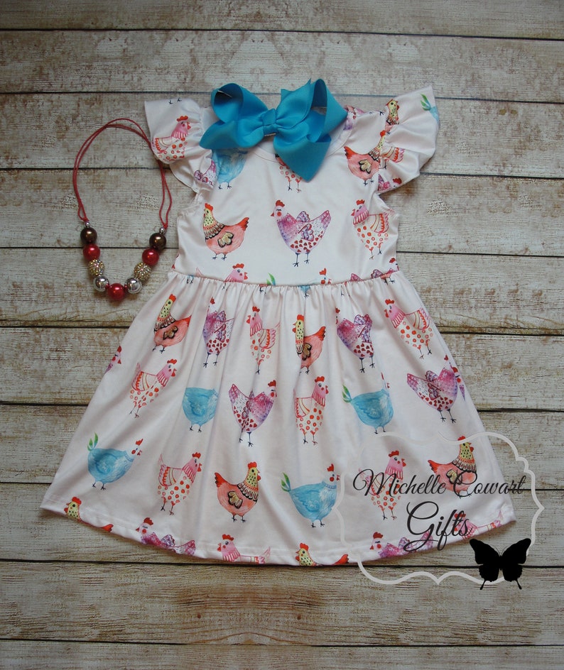 Girls Chicken Dress, Girls Summer Dress, Milk Sleeve Flutter Sleeve Dress, Twirl Dress, Girls Toddler 12M 18M 24M 2T 3T 4T 5/6, 6/7 7/8, RTS Dress W Bow&Necklace